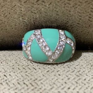 Seafoam Green Enamel Dome and Crystal Statement Ring, SZ 5.5